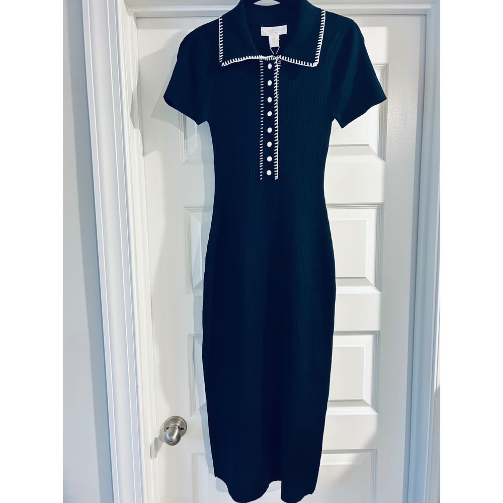 Caroline Constas Navy Blue Ribbed Knit Midi Dress White Blanket Stitch Medium - Picture 2 of 5
